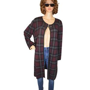 Anne Klein Troubadour Burgundy Red Black Plaid Cardigan Sweater Women's Size XL